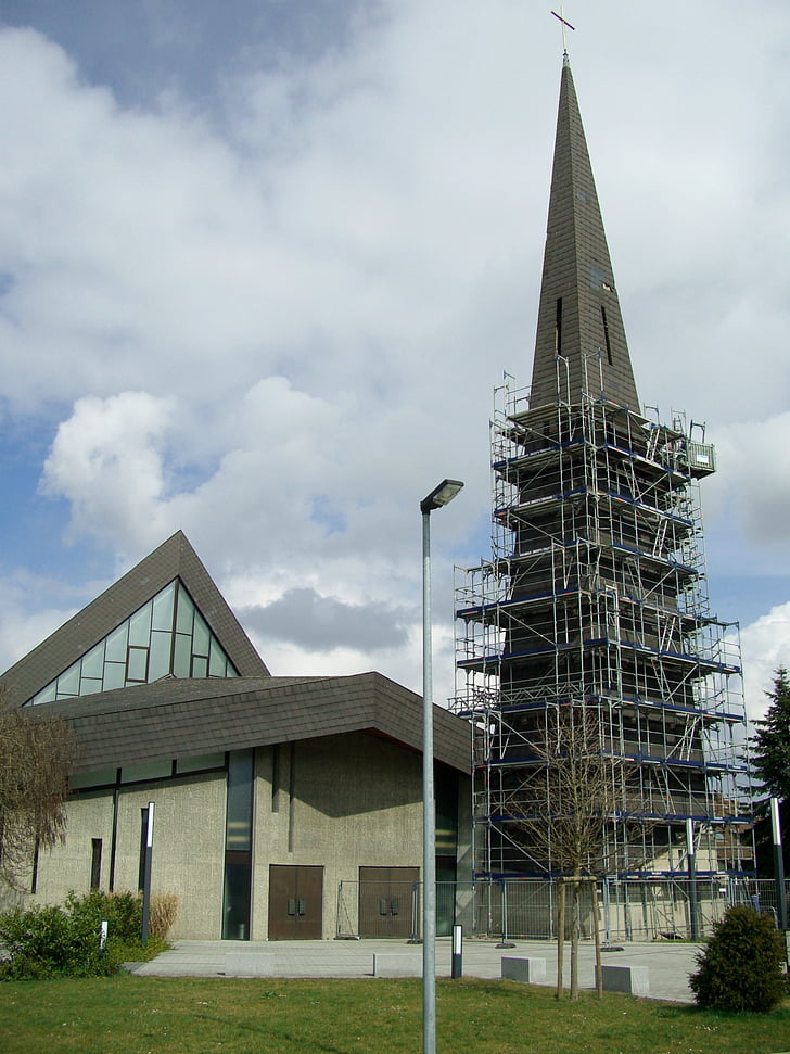 roof damage, church, steeple, tower, slate, integrated, scaffold