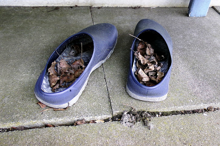 allotment, garden shoes, blue, dried leaves, garden slabs