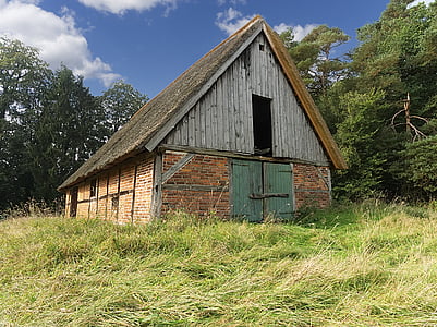 barn, thatched roof, fachwerkhaus, meadow, barn door, door, weathered