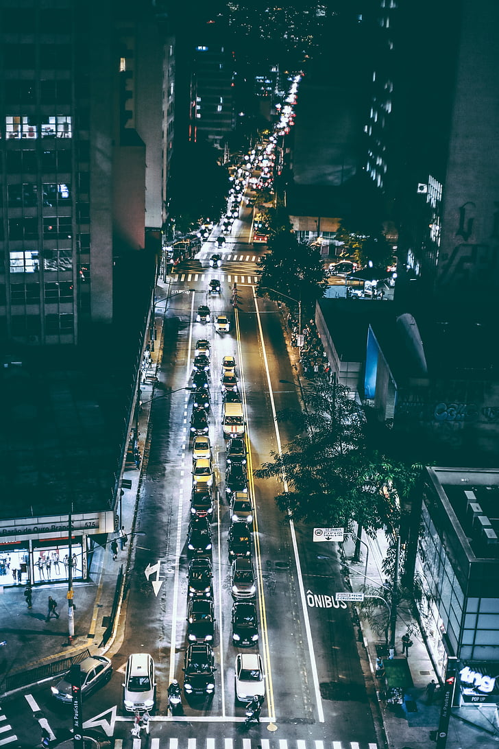 автомобили, път, трафик, нощ, улица, небостъргачи, движение