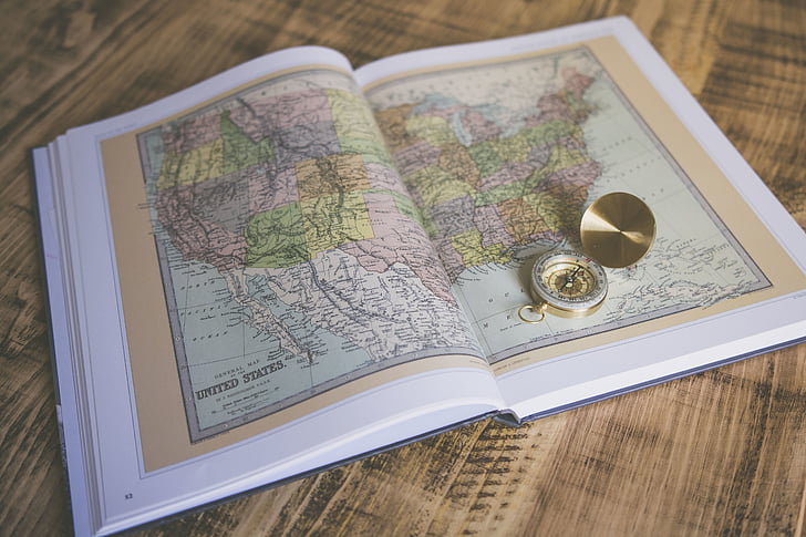 mapę, Atlas, książki, arkuszy, stron, kompas, podróży