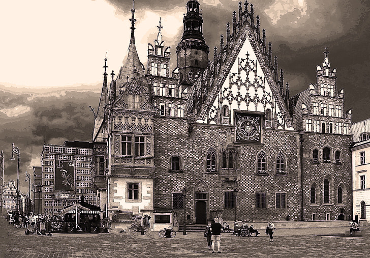 the town hall, wrocław, the market, old town, the old town, historic building, monument