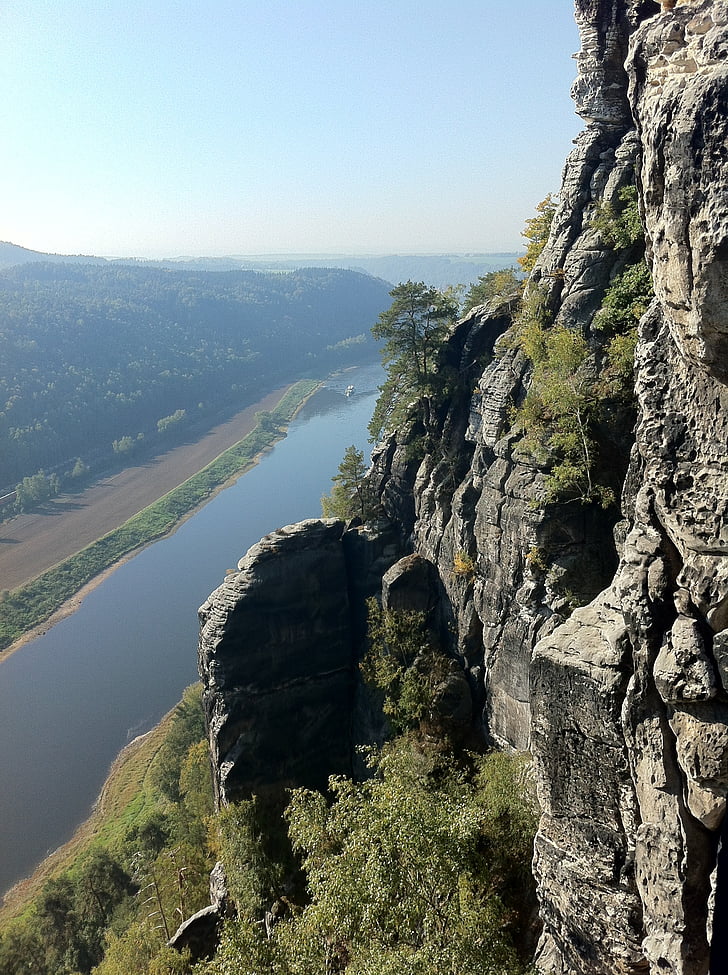 Bastei, Elbe, Rock, Saxon Szwajcaria, Góry Połabskie, Rzeka, Niemcy
