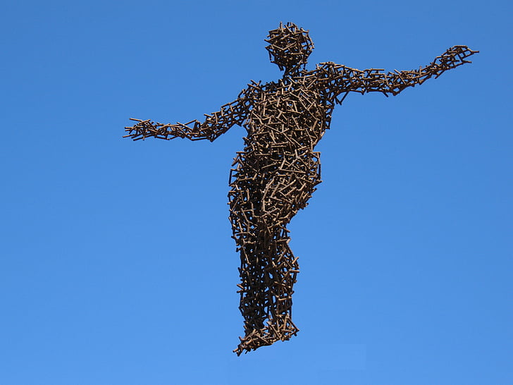 sculpture, eisenmann, metal man, human, sky, blue, metal