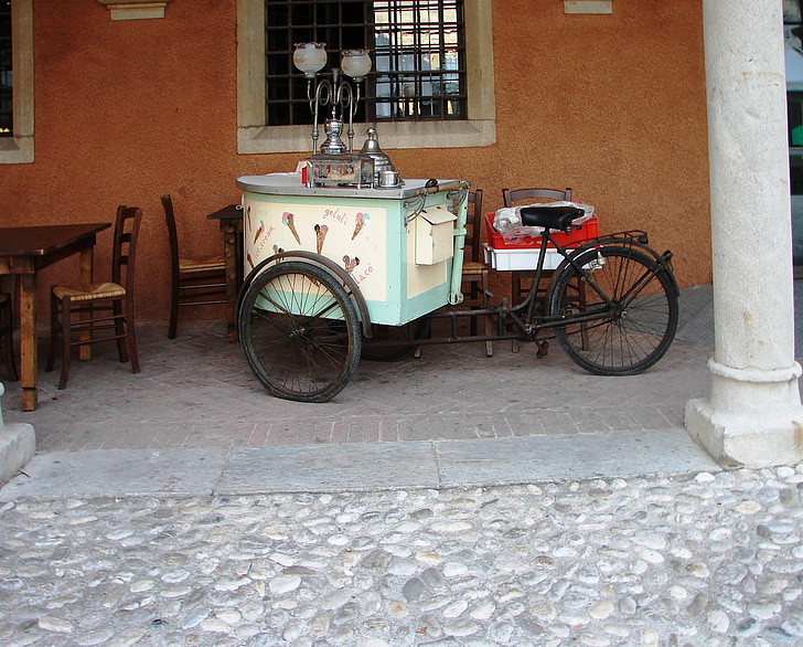 glass vagn, is försäljning grädde, trehjuling, glass försäljning på trehjuling