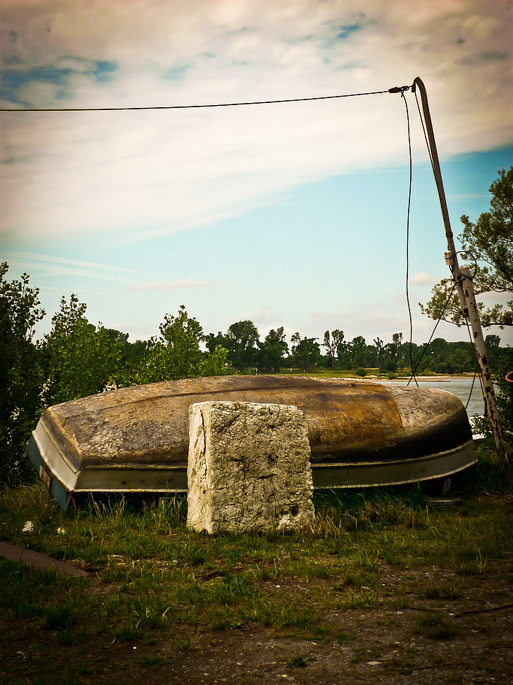 boot, bank, mood, landscape, rowing boat, old, decay