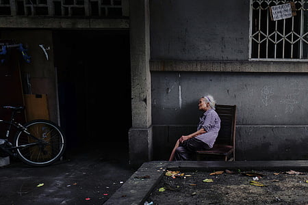 solitário, Vovó, ao, aposentadoria, rua, China, pessoas