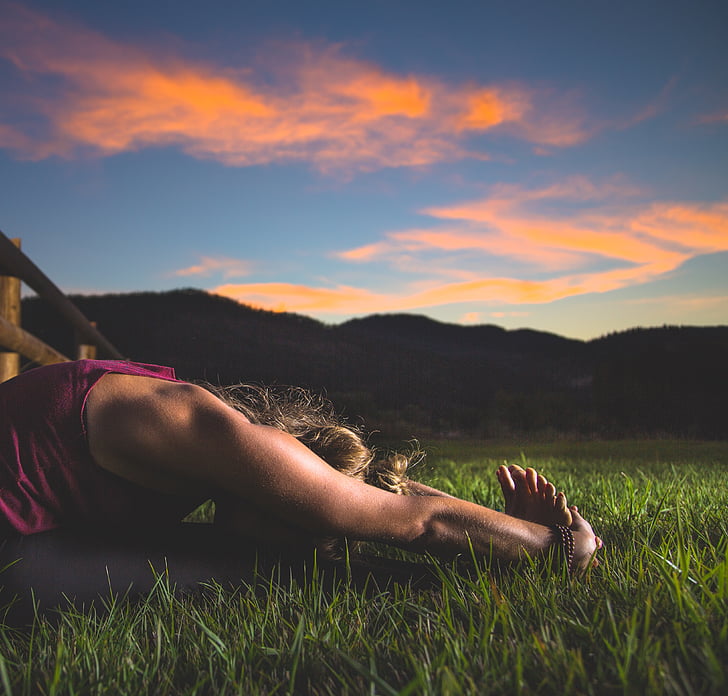 adult, dawn, exercise, field, girl, grass, lawn