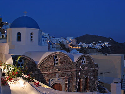 Santorini, Oia, natt, kyrkan, Grekland