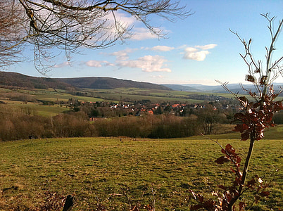 village, pasture, hill