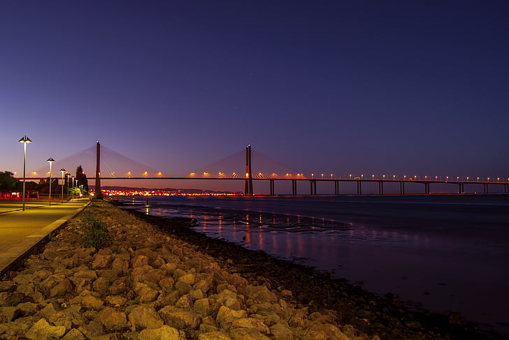 Lisbonne, nuit, eau, Portugal, coucher de soleil, Rio, pont