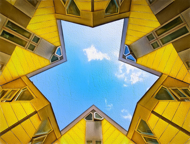 Rotterdam, Cube, jaune, architecture, bâtiment, moderne, vivre