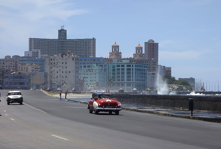 Kuba, Havana, morje, surf, val, spray, oldtimer