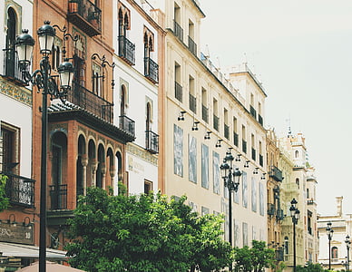 biela, béžová, betón, budovy, Sevilla, Španielsko, Architektúra