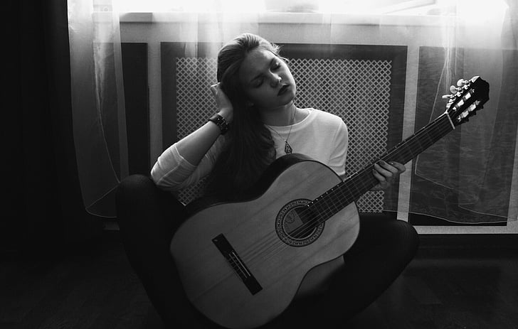 girl, guitar, photo, people, woman, young, hair