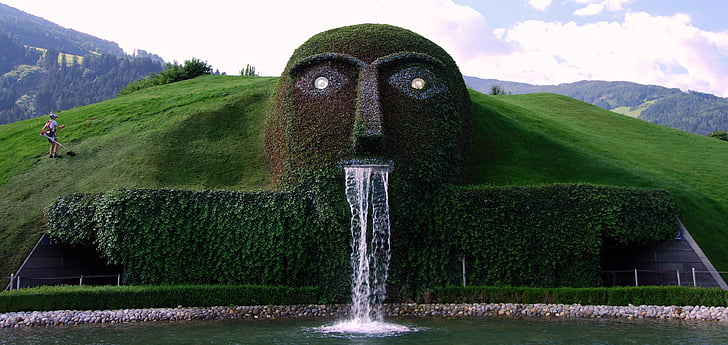 Fontana, trädgård, ansikte, vatten, ögon, näsa, mun