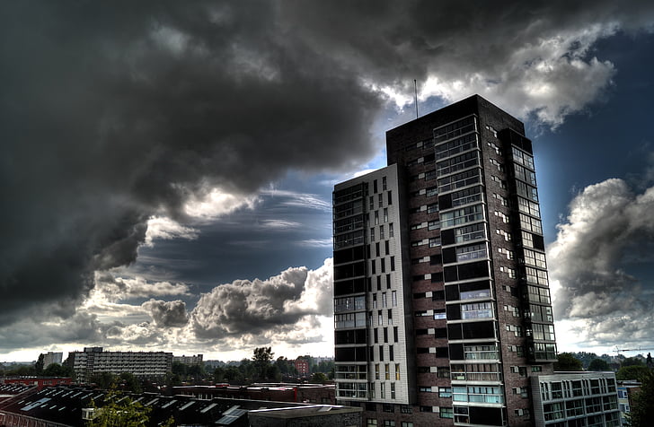 urban, high rise, clouds, weather, storm, sunrays, sky
