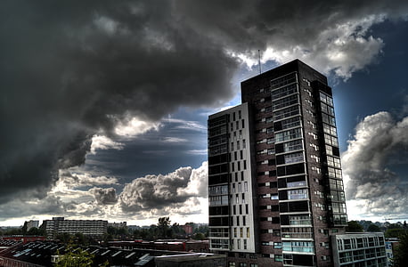 urban, high rise, clouds, weather, storm, sunrays, sky