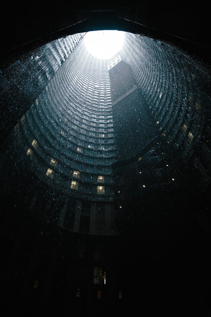 escala de grises, Foto, edificio, lluvia, rascacielos, iluminados, arquitectura