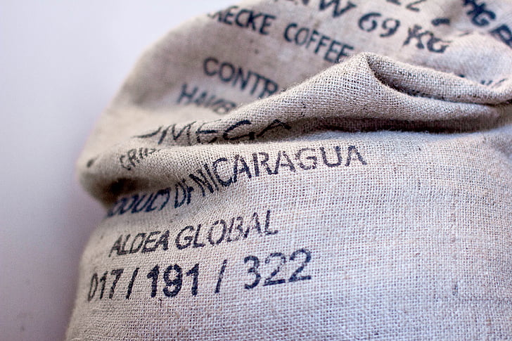 aldea, global, sack, burlap, coffee, beans, text