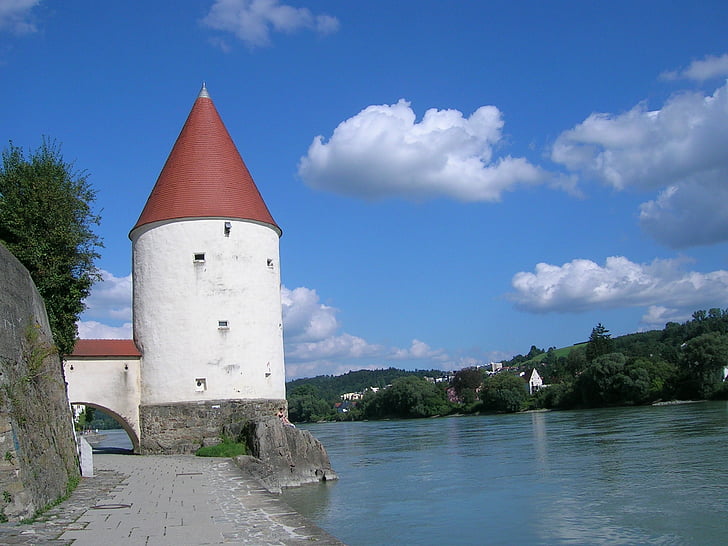 Passau, bredden av Donau, Bank, tårnet, historisk, UNESCOs