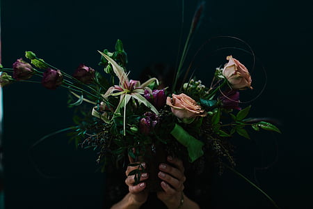 Zatvori, Foto, osoba, Drži, buket, cvijet, ruža