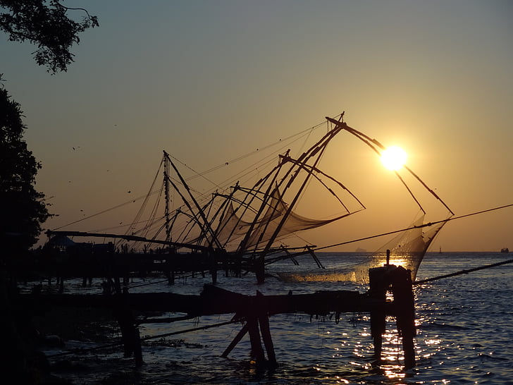 India, mar, pescado, agua, puesta de sol, silueta, pescador