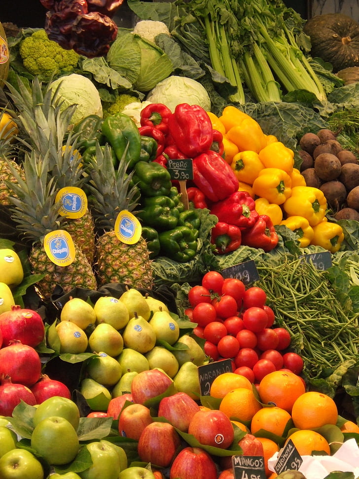 ovoce, zelenina, trh, potraviny, Barcelona, Boqueria, rostliny