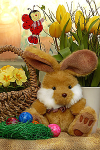 easter bunny, deco, still life, easter eggs, spring flowers