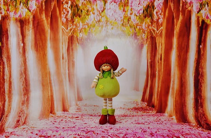 spring imp, forest, flowers, trees, funny, cute, figure