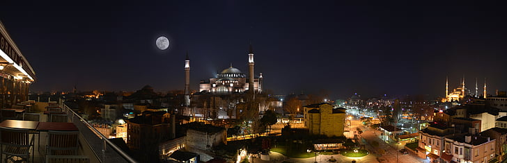 naktī, Cami, Svētās Sofijas katedrāli, Istanbul, Turcija, mēness gaisma, Sultanahmet