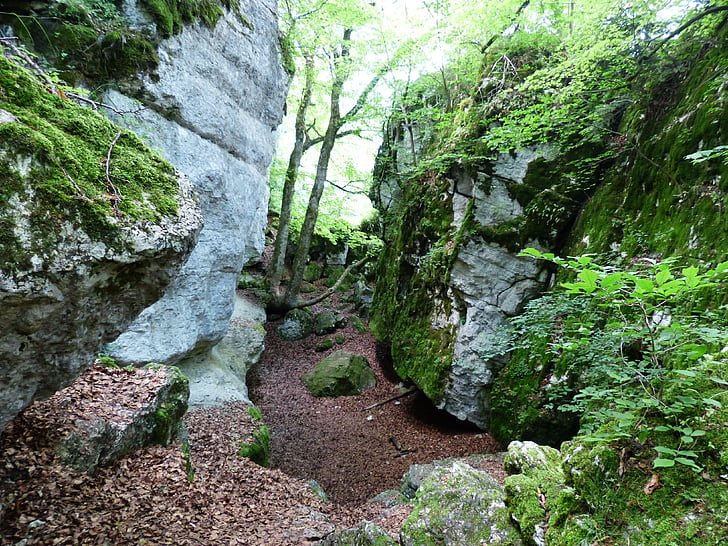 Rock, une fente de roche, Mont-Sheep, gorge, Jura Souabe, Zollernalb, eaves Alb