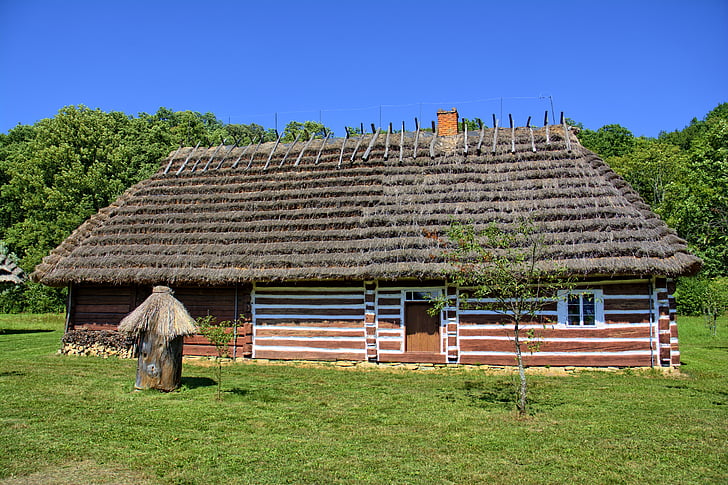 Sanok, museum udara terbuka, pedesaan cottage, bola kayu, atap, Polandia, lama