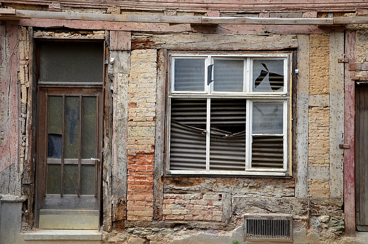 casa, demolició, vell, ruïnes, finestra, porta, rehabilitació