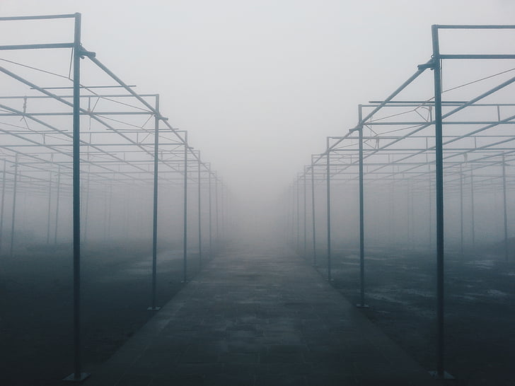 black, metal, structures, covered, fog, cloud, india