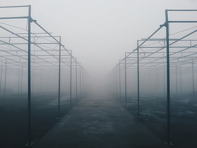 black, metal, structures, covered, fog, cloud, india