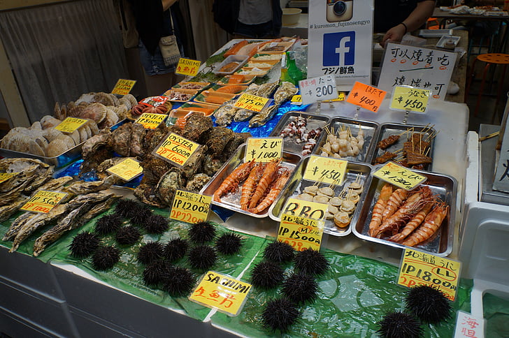 čerstvé, produkty z moře, Japonsko, černé dveře trh