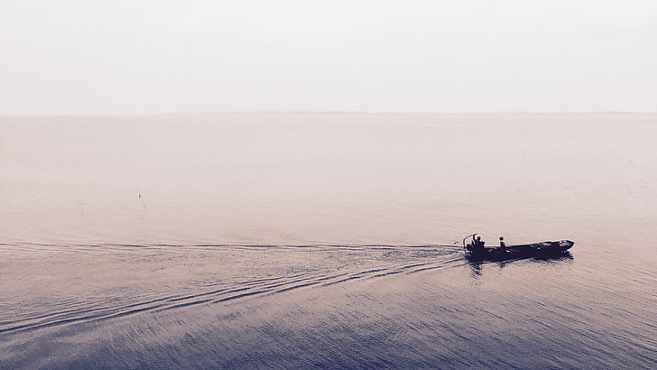 beach, boat, dawn, dusk, fisherman, fog, horizon