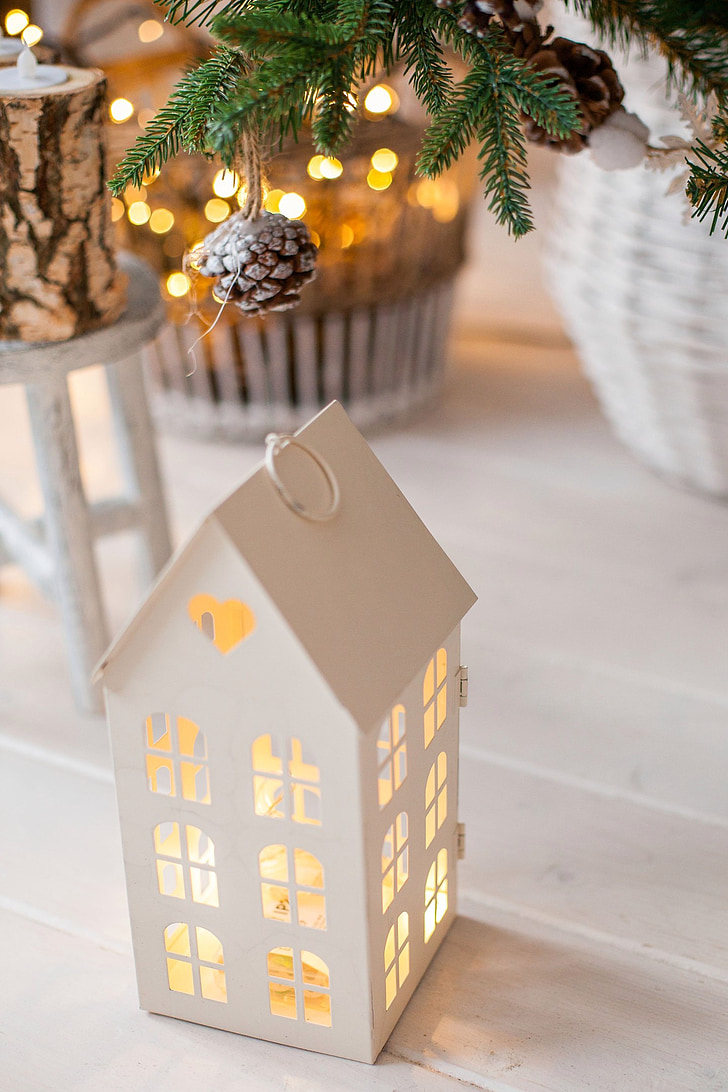 σπίτι, θερμότητας, άνεση, φως, κουκουνάρι, χριστουγεννιάτικο δέντρο, λευκό
