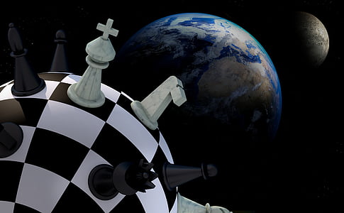 chess, figures, space, earth, planet, chess board, ball