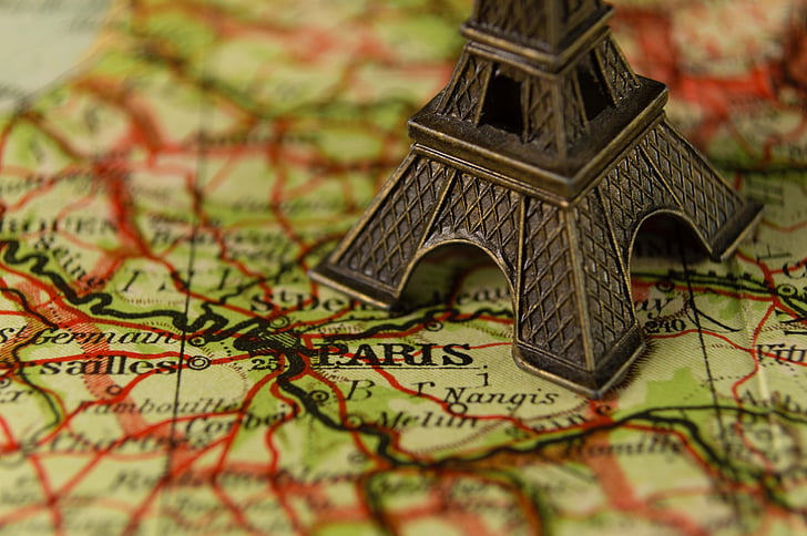 menutup, Menara Eiffel, Prancis, Landmark, peta, miniatur, navigasi