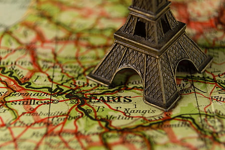 cierre para arriba, Torre Eiffel, Francia, punto de referencia, mapa, miniatura, navegación