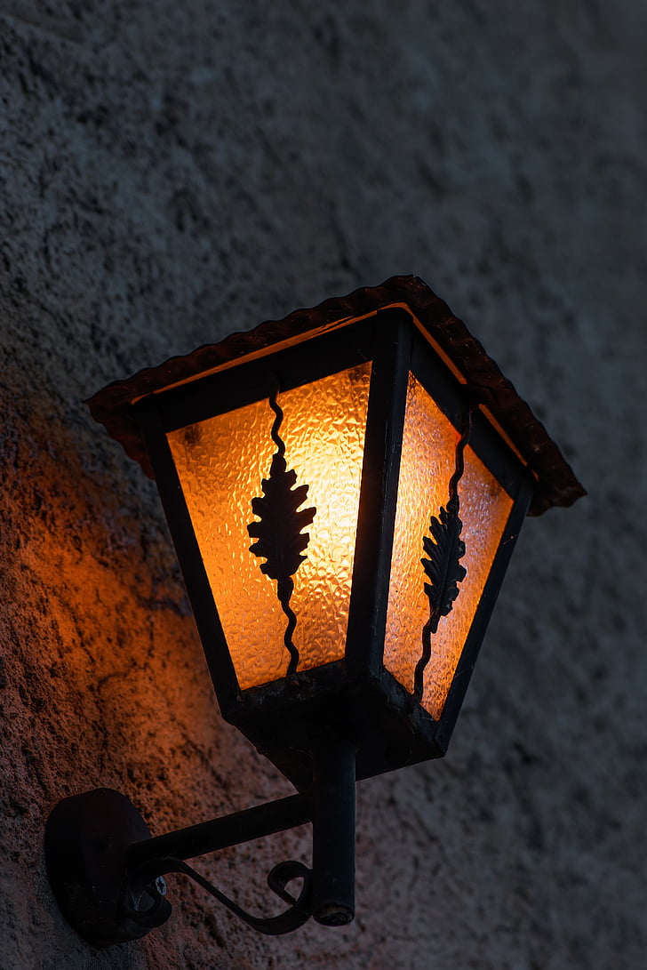lanterna, iluminação, lanterna elétrica, lanterna de parede, antiga, à noite