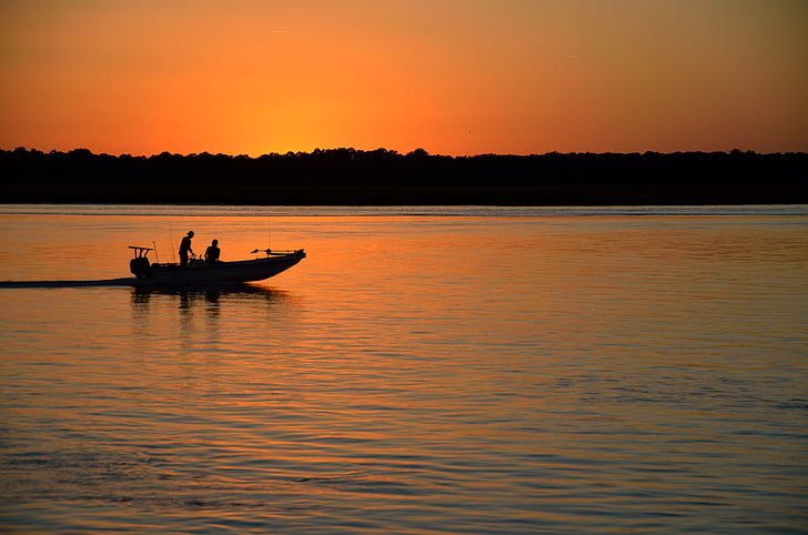 solnedgang, silhuett, båt, folk, fiskere, tilbake, solen ned