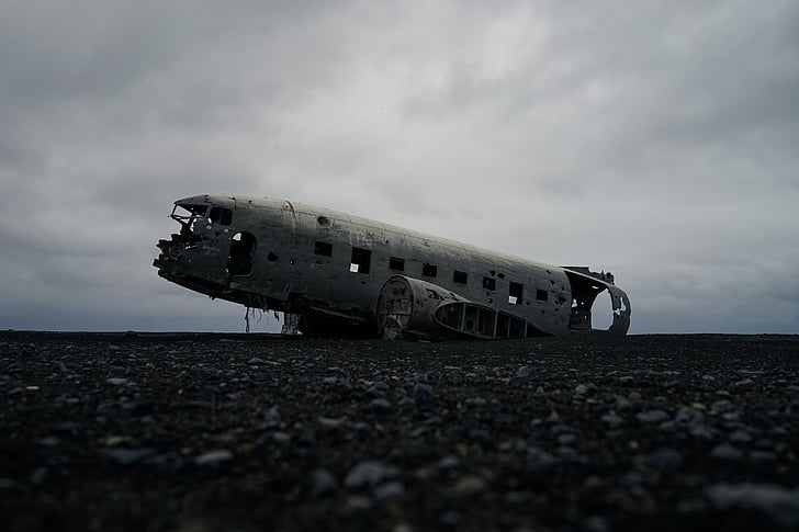 wreck, plane, airplane, old, sky, clouds, damaged