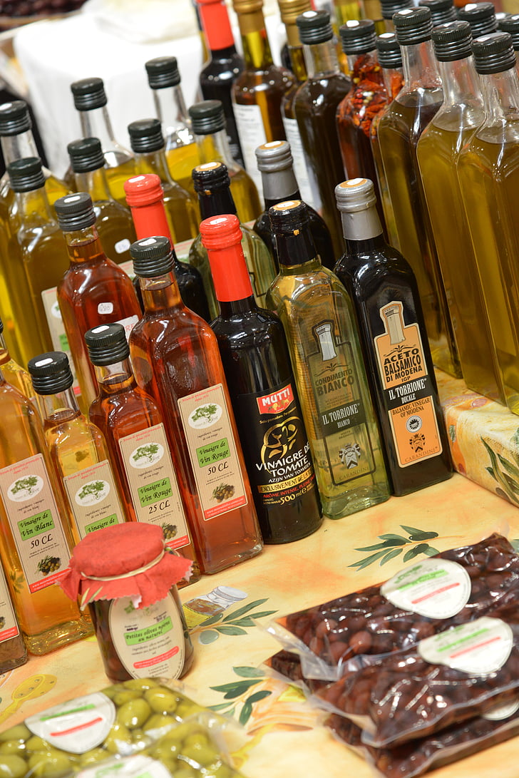 aliejus, alyvuogių aliejaus, buteliai, rinkos, Viduržemio jūros
