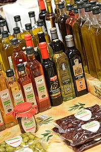 olej, olivový olej, fľaše, trhu, Stredomorská