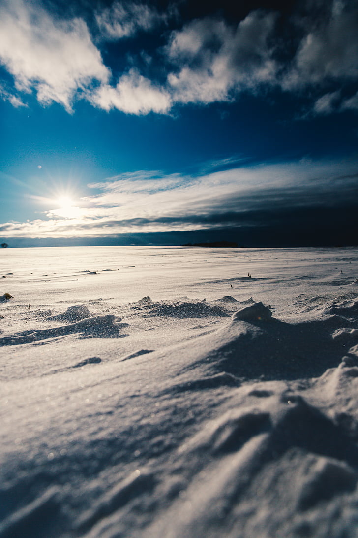 snijeg, pokrivena, polje, u blizini, planine, dan, oblak