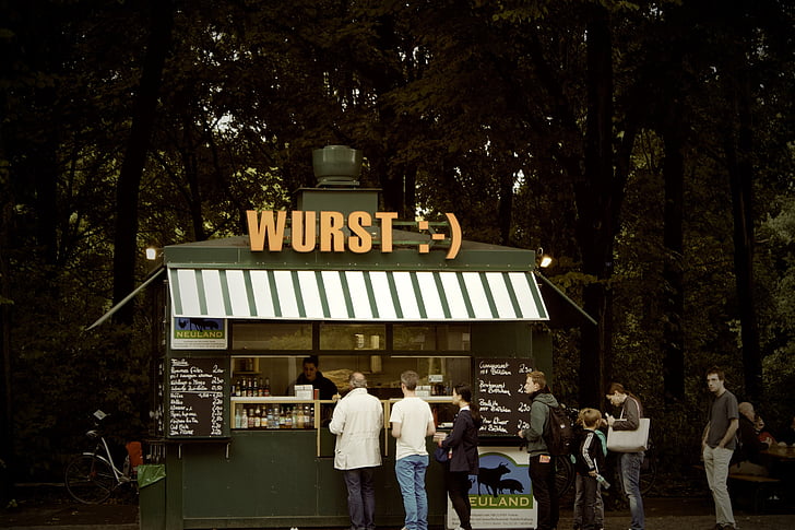 group, people, front, food, stall, lunch, germany