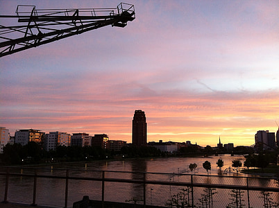 frankfurt, sunset, plane, eastern harbour, sky, clouds, architecture